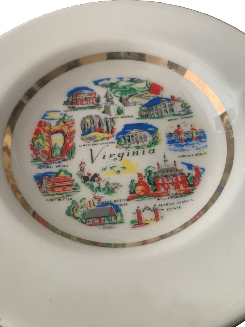Vintage Ashtray Virginia 2 Position Cigar Cigarette Souvenir Gold Accent Trim
